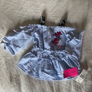 Betsy Johnson Blue Off-Shoulder Top with Floral Design Appliqué